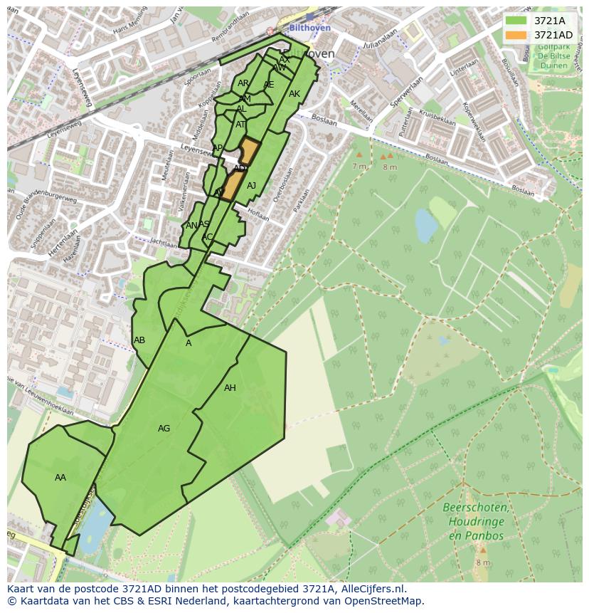 Afbeelding van het postcodegebied 3721 AD op de kaart.