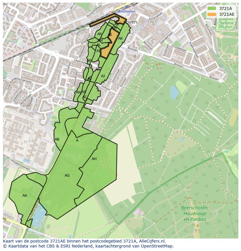 Afbeelding van het postcodegebied 3721 AE op de kaart.