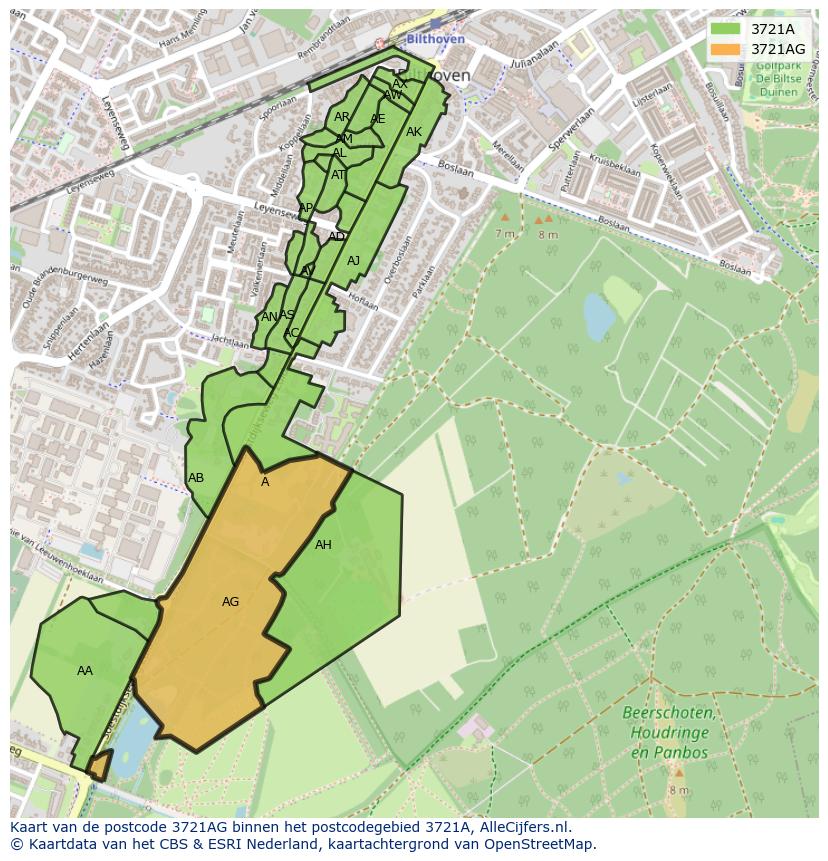 Afbeelding van het postcodegebied 3721 AG op de kaart.