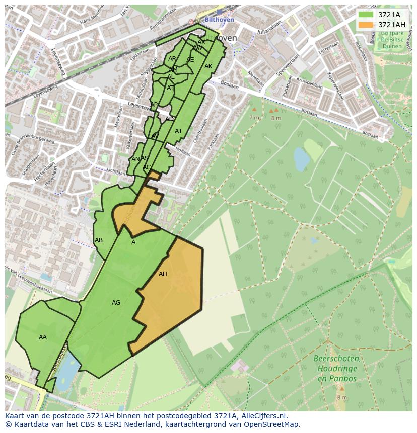 Afbeelding van het postcodegebied 3721 AH op de kaart.
