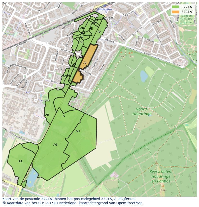 Afbeelding van het postcodegebied 3721 AJ op de kaart.