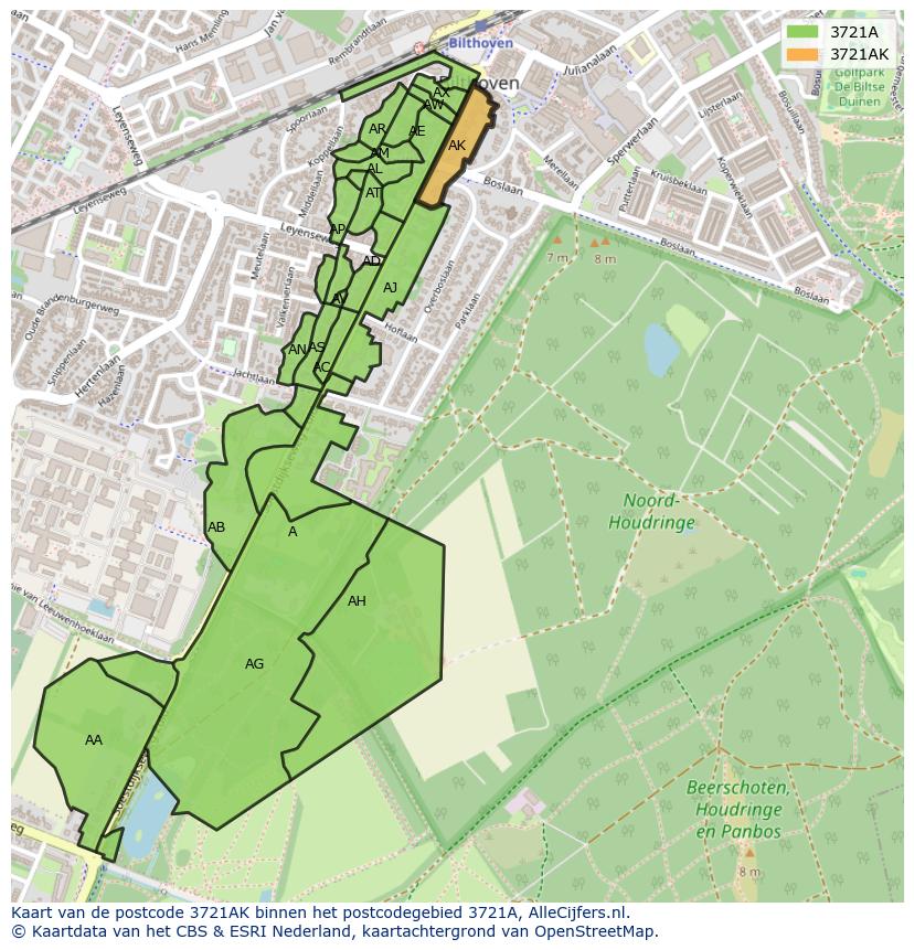Afbeelding van het postcodegebied 3721 AK op de kaart.