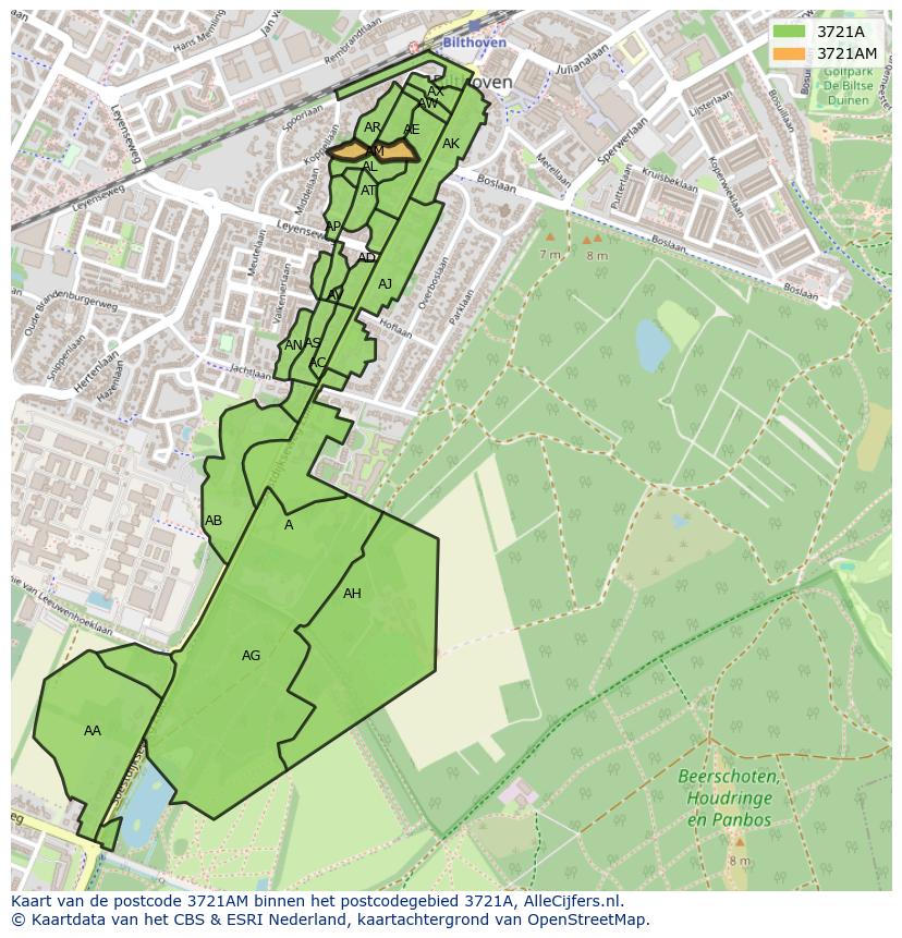 Afbeelding van het postcodegebied 3721 AM op de kaart.