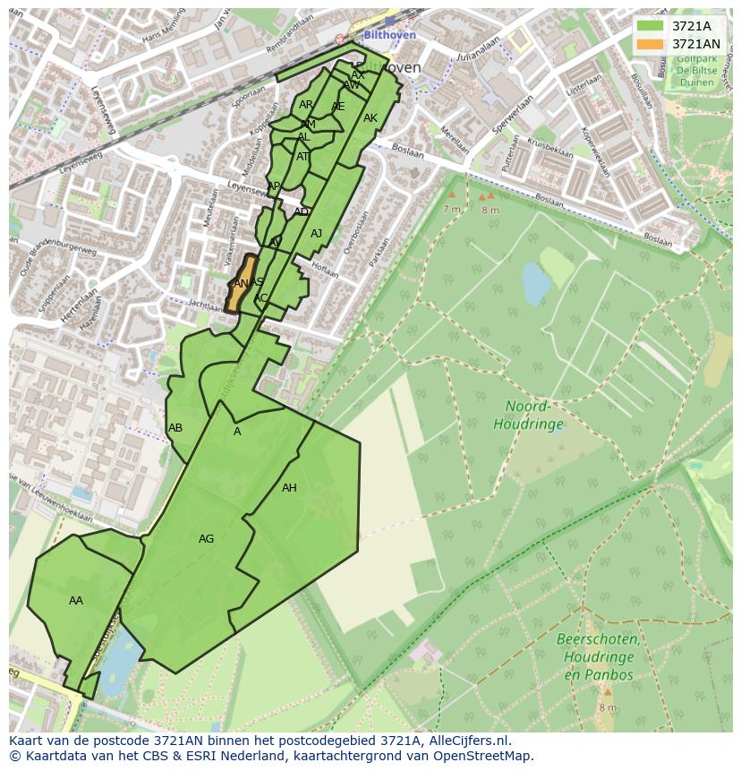 Afbeelding van het postcodegebied 3721 AN op de kaart.