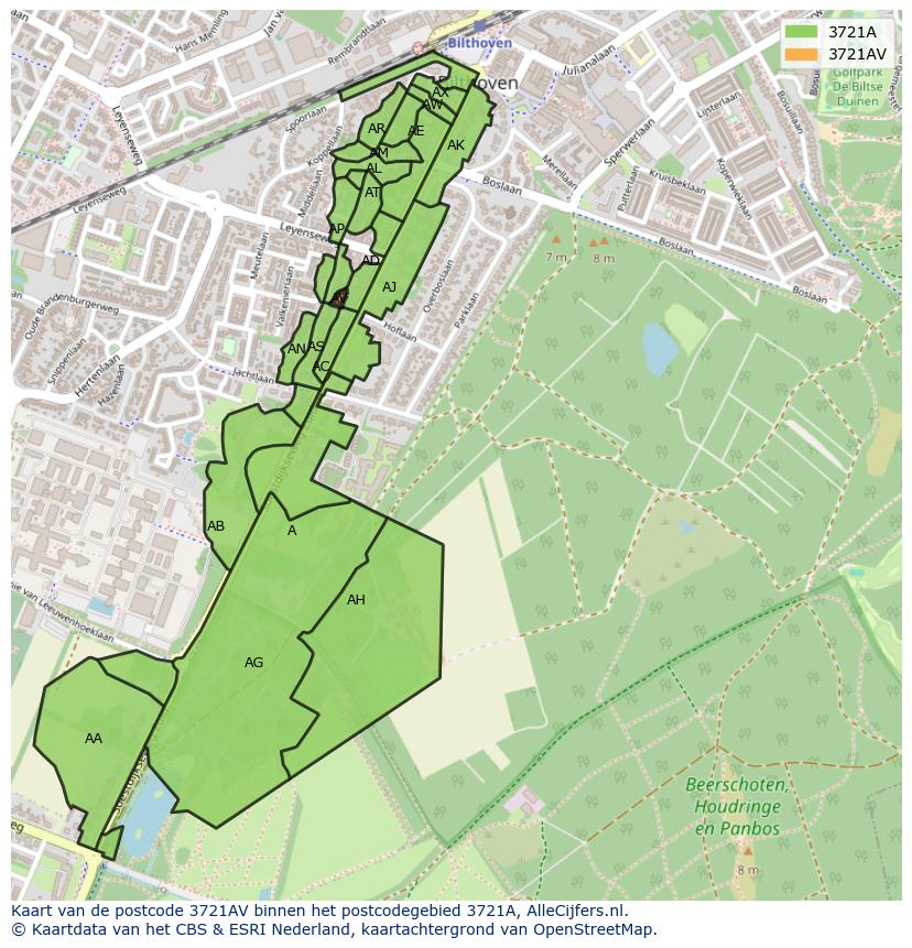 Afbeelding van het postcodegebied 3721 AV op de kaart.