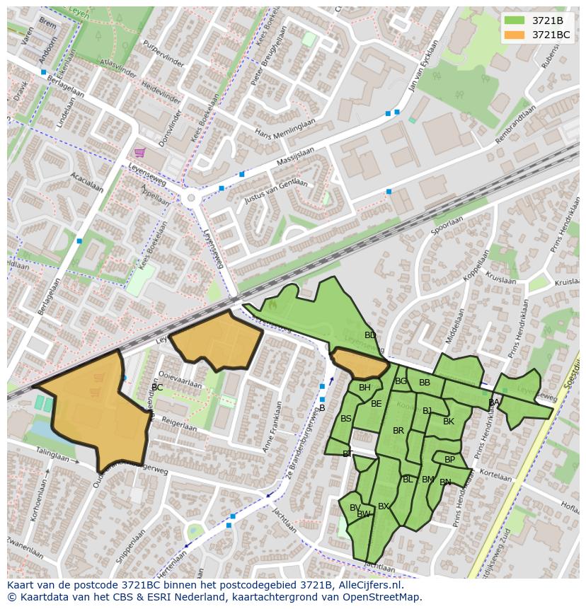Afbeelding van het postcodegebied 3721 BC op de kaart.