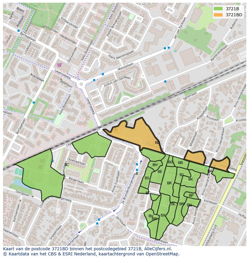 Afbeelding van het postcodegebied 3721 BD op de kaart.