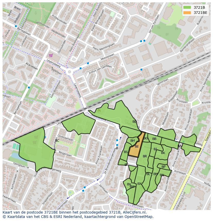 Afbeelding van het postcodegebied 3721 BE op de kaart.