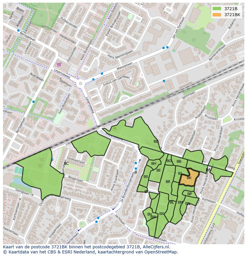 Afbeelding van het postcodegebied 3721 BK op de kaart.