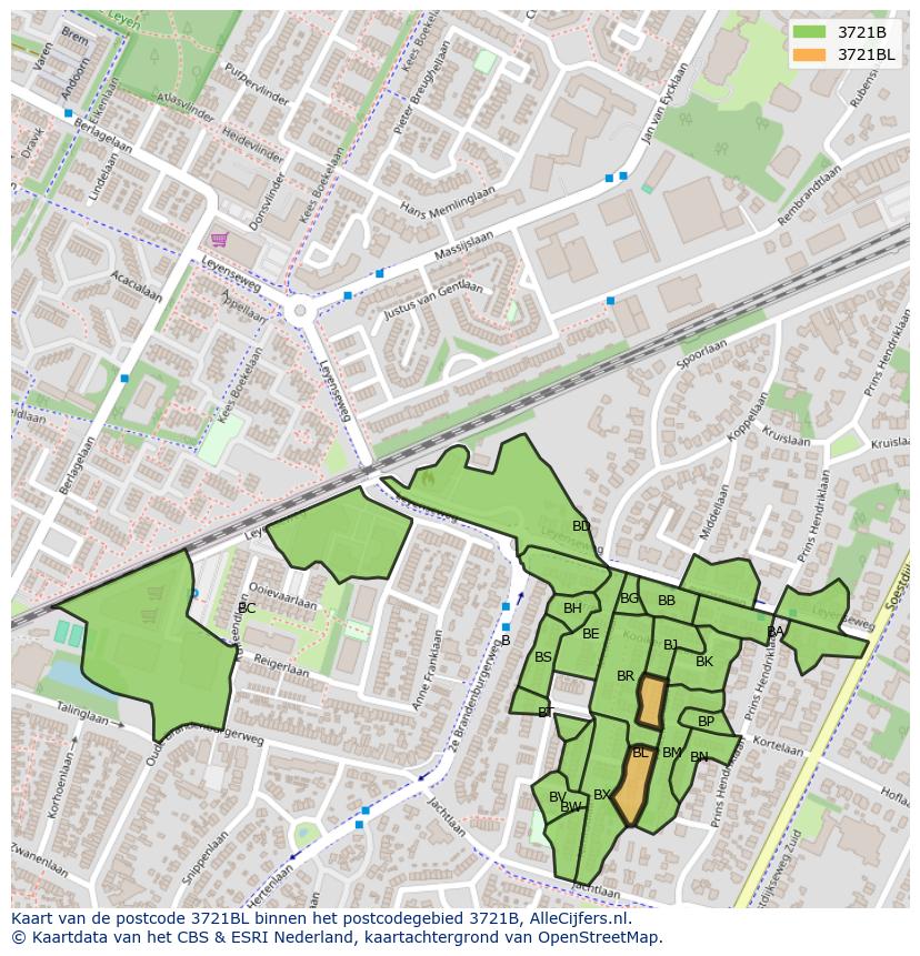 Afbeelding van het postcodegebied 3721 BL op de kaart.