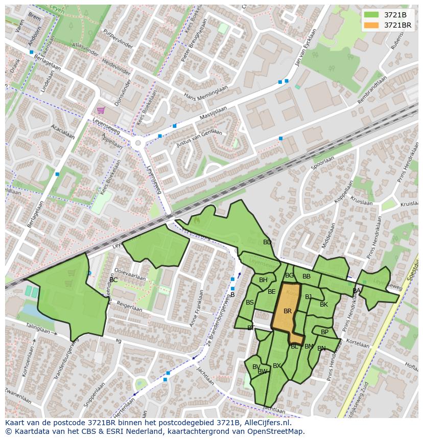 Afbeelding van het postcodegebied 3721 BR op de kaart.