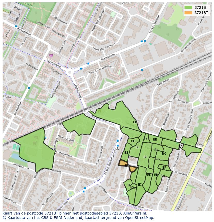 Afbeelding van het postcodegebied 3721 BT op de kaart.
