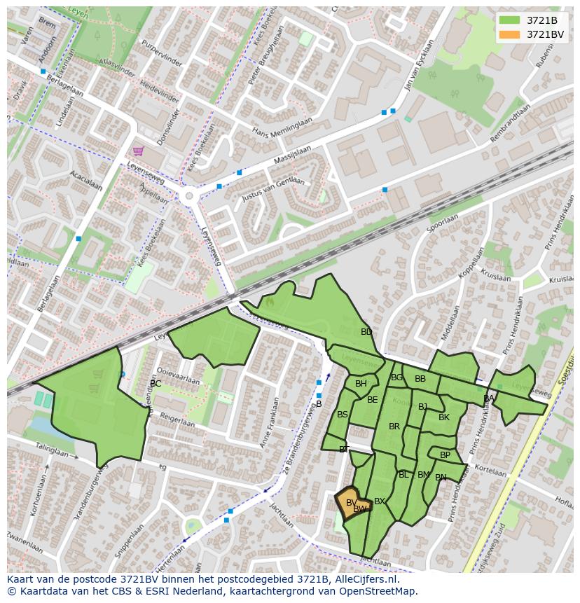 Afbeelding van het postcodegebied 3721 BV op de kaart.