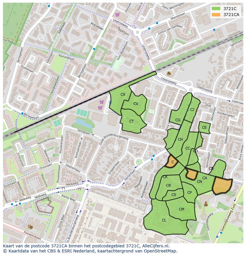 Afbeelding van het postcodegebied 3721 CA op de kaart.
