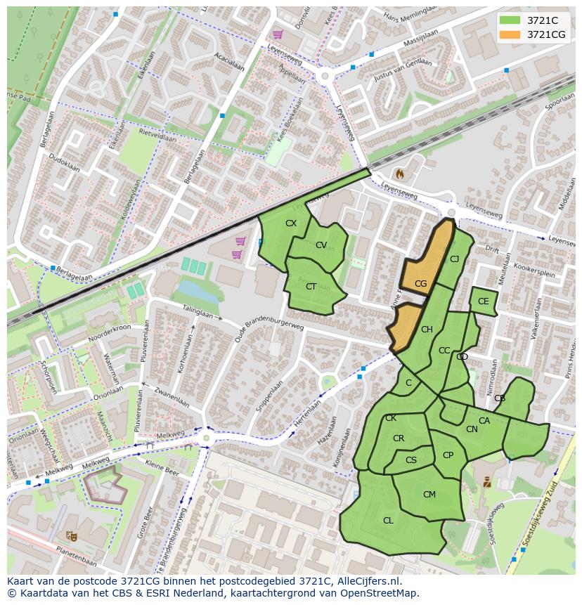 Afbeelding van het postcodegebied 3721 CG op de kaart.