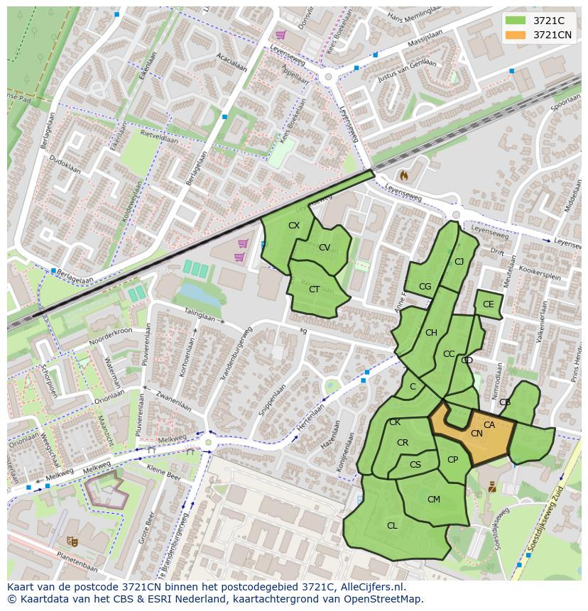 Afbeelding van het postcodegebied 3721 CN op de kaart.