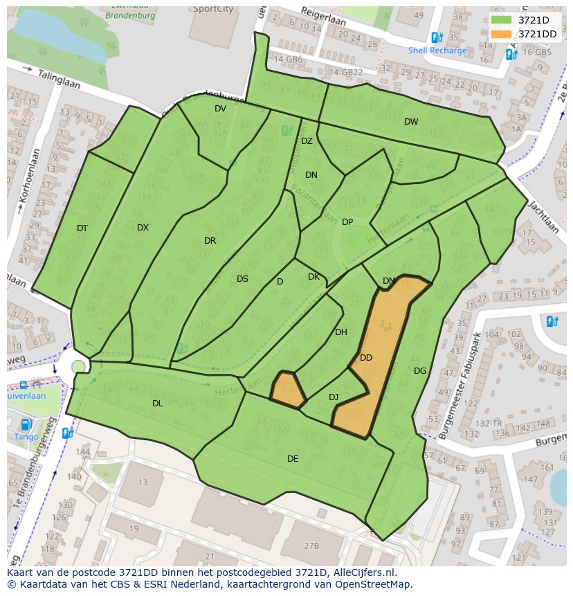Afbeelding van het postcodegebied 3721 DD op de kaart.