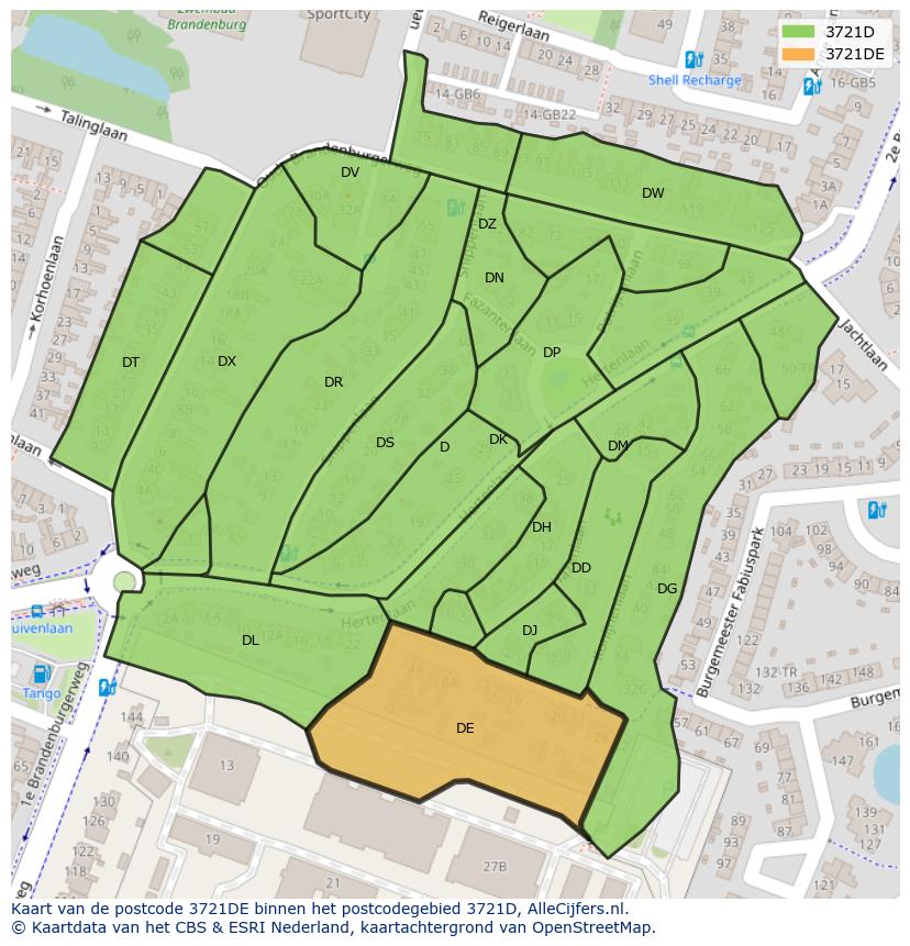 Afbeelding van het postcodegebied 3721 DE op de kaart.