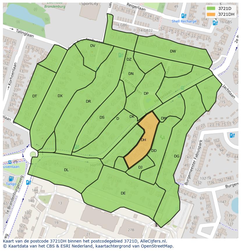 Afbeelding van het postcodegebied 3721 DH op de kaart.