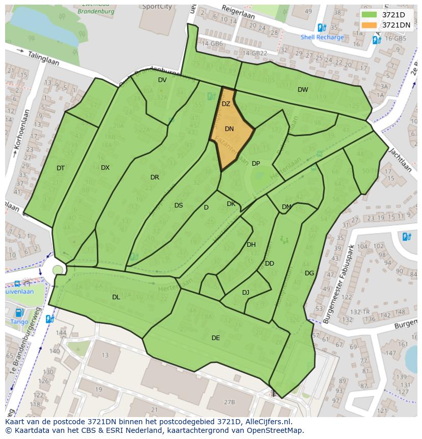 Afbeelding van het postcodegebied 3721 DN op de kaart.