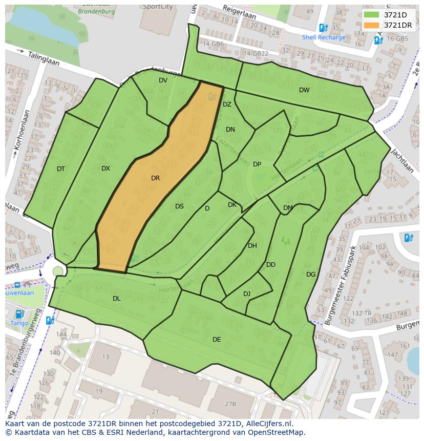 Afbeelding van het postcodegebied 3721 DR op de kaart.