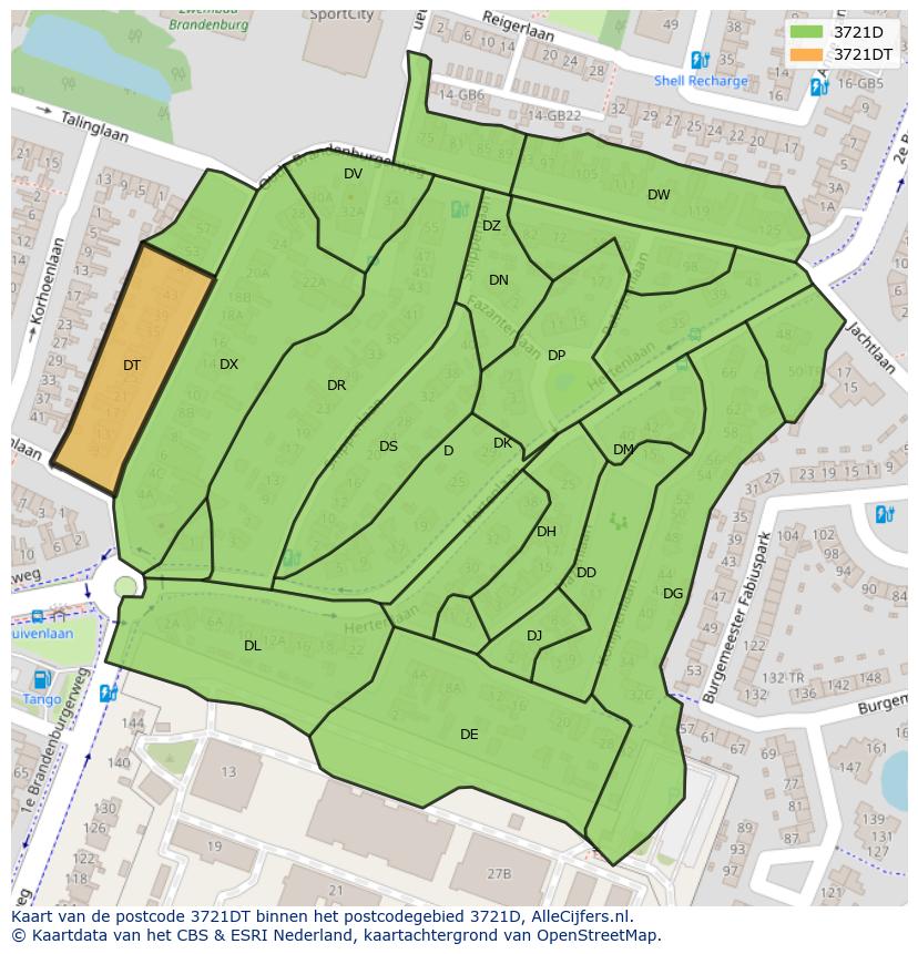 Afbeelding van het postcodegebied 3721 DT op de kaart.
