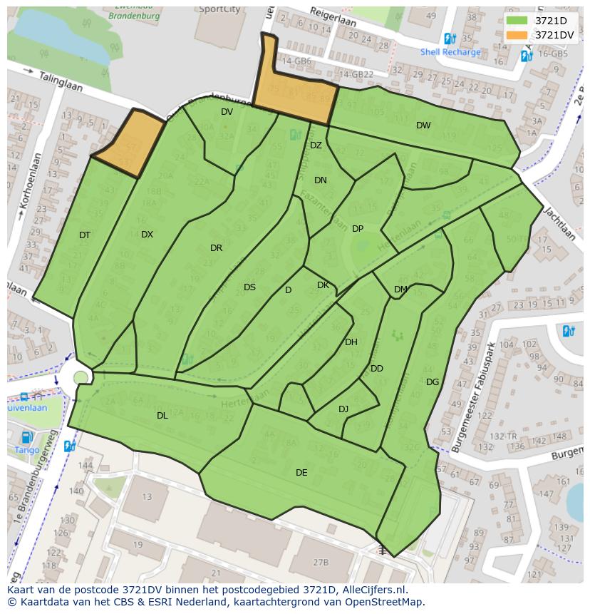 Afbeelding van het postcodegebied 3721 DV op de kaart.