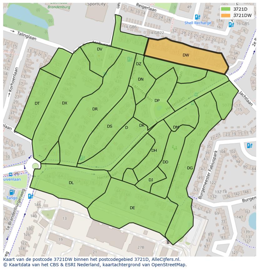 Afbeelding van het postcodegebied 3721 DW op de kaart.