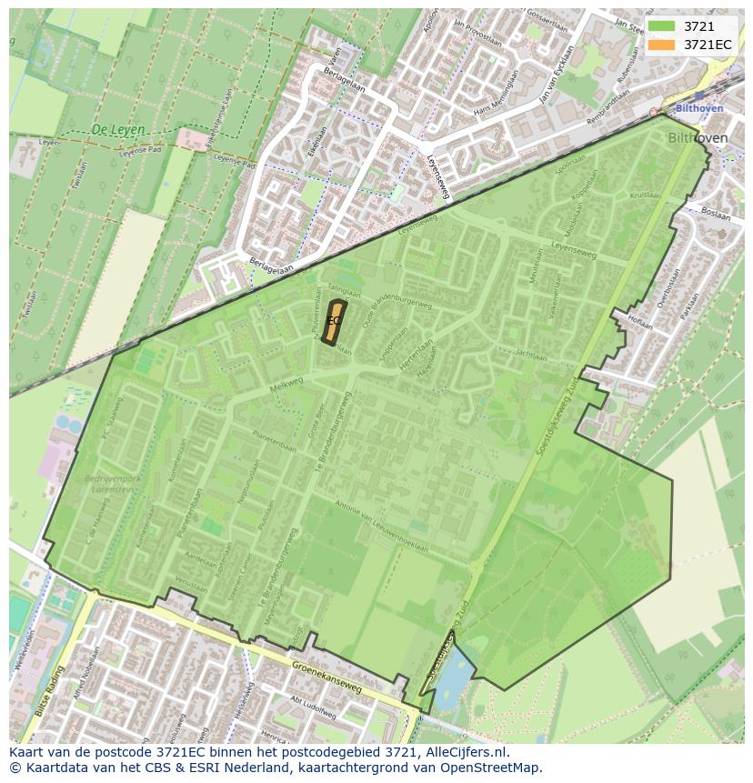 Afbeelding van het postcodegebied 3721 EC op de kaart.
