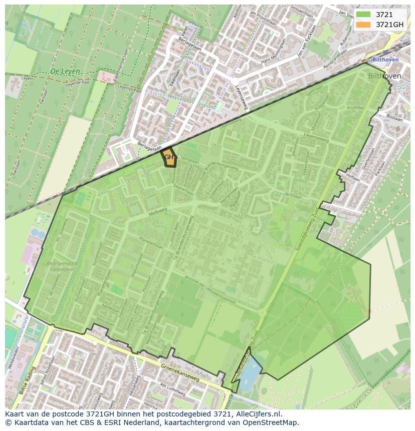 Afbeelding van het postcodegebied 3721 GH op de kaart.