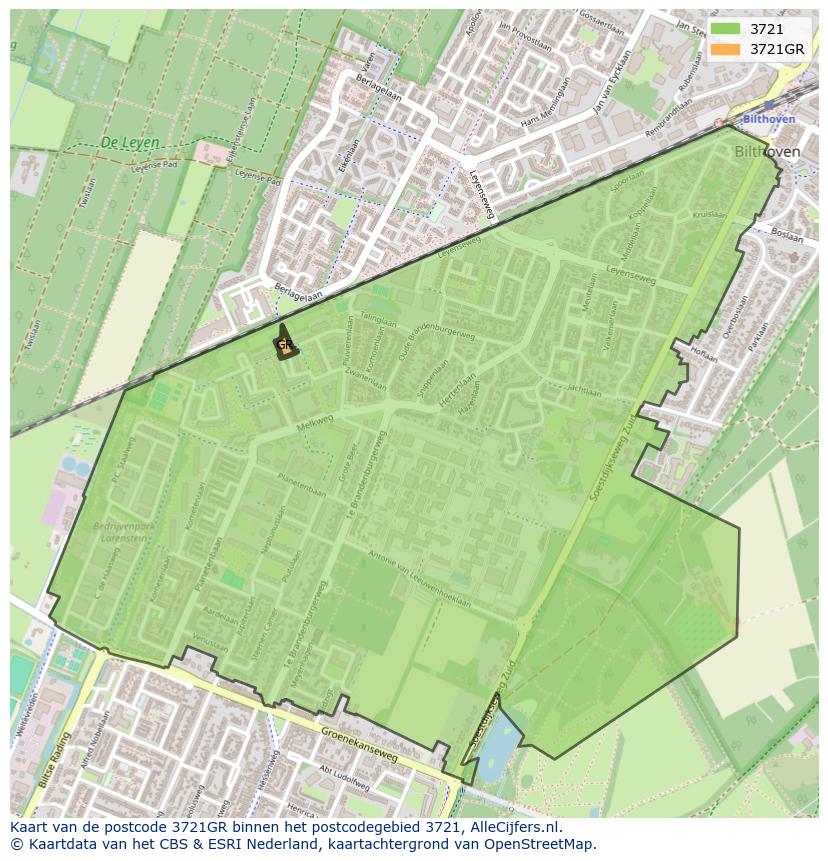 Afbeelding van het postcodegebied 3721 GR op de kaart.