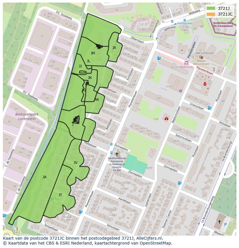 Afbeelding van het postcodegebied 3721 JC op de kaart.