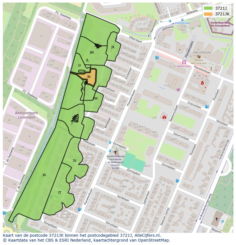 Afbeelding van het postcodegebied 3721 JK op de kaart.