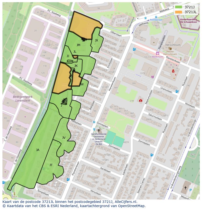 Afbeelding van het postcodegebied 3721 JL op de kaart.