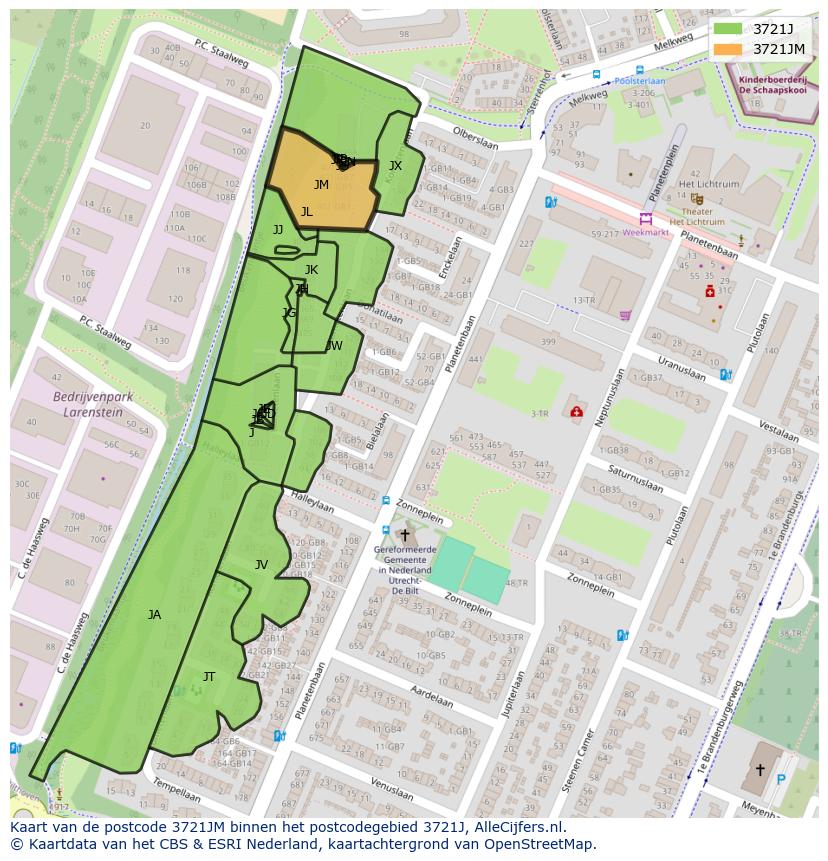 Afbeelding van het postcodegebied 3721 JM op de kaart.