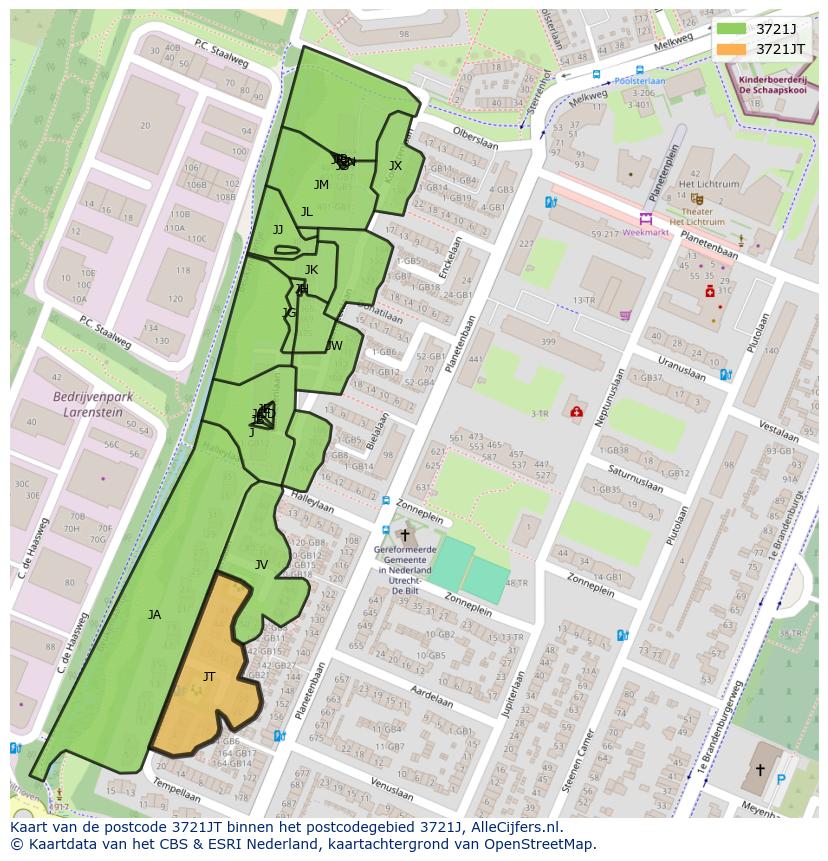 Afbeelding van het postcodegebied 3721 JT op de kaart.