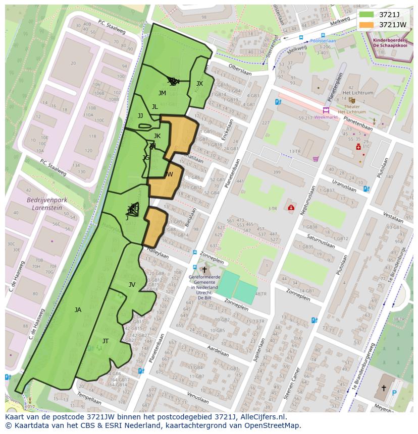 Afbeelding van het postcodegebied 3721 JW op de kaart.