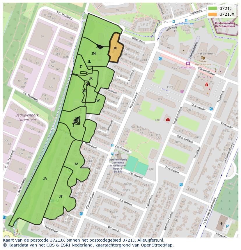 Afbeelding van het postcodegebied 3721 JX op de kaart.