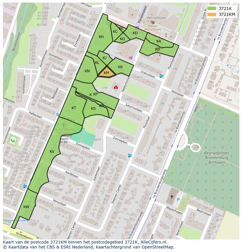 Afbeelding van het postcodegebied 3721 KM op de kaart.
