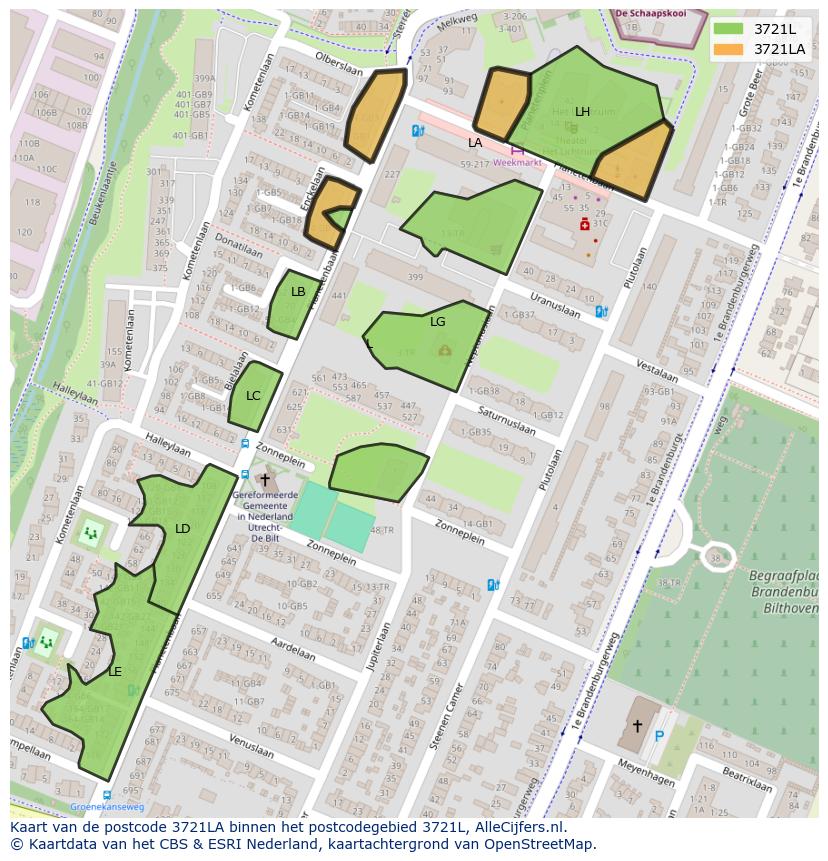 Afbeelding van het postcodegebied 3721 LA op de kaart.