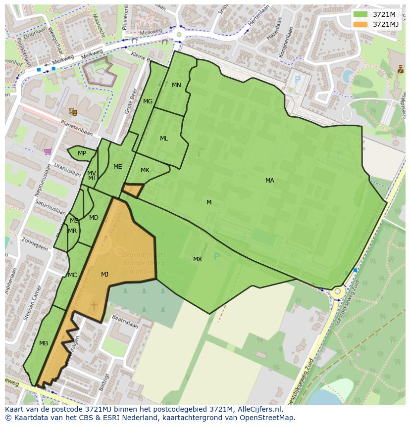 Afbeelding van het postcodegebied 3721 MJ op de kaart.