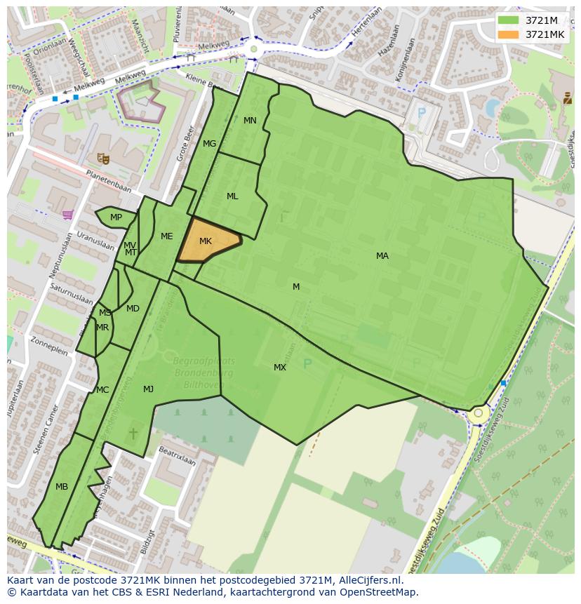 Afbeelding van het postcodegebied 3721 MK op de kaart.