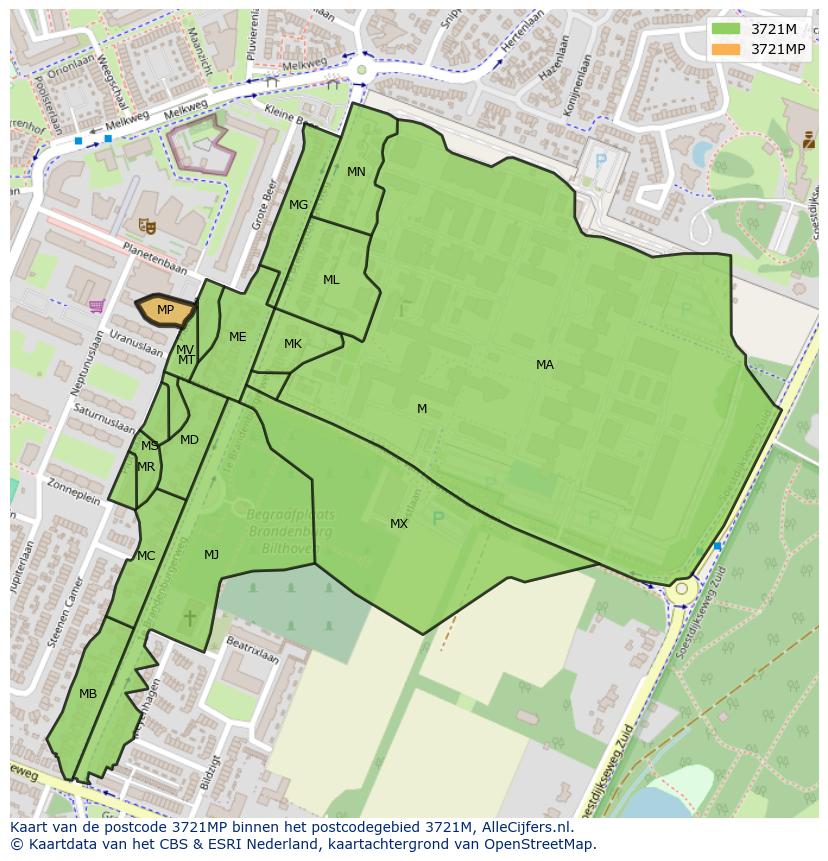 Afbeelding van het postcodegebied 3721 MP op de kaart.