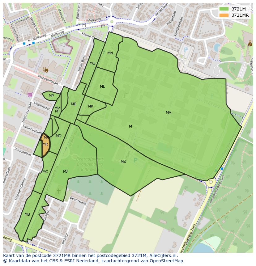 Afbeelding van het postcodegebied 3721 MR op de kaart.