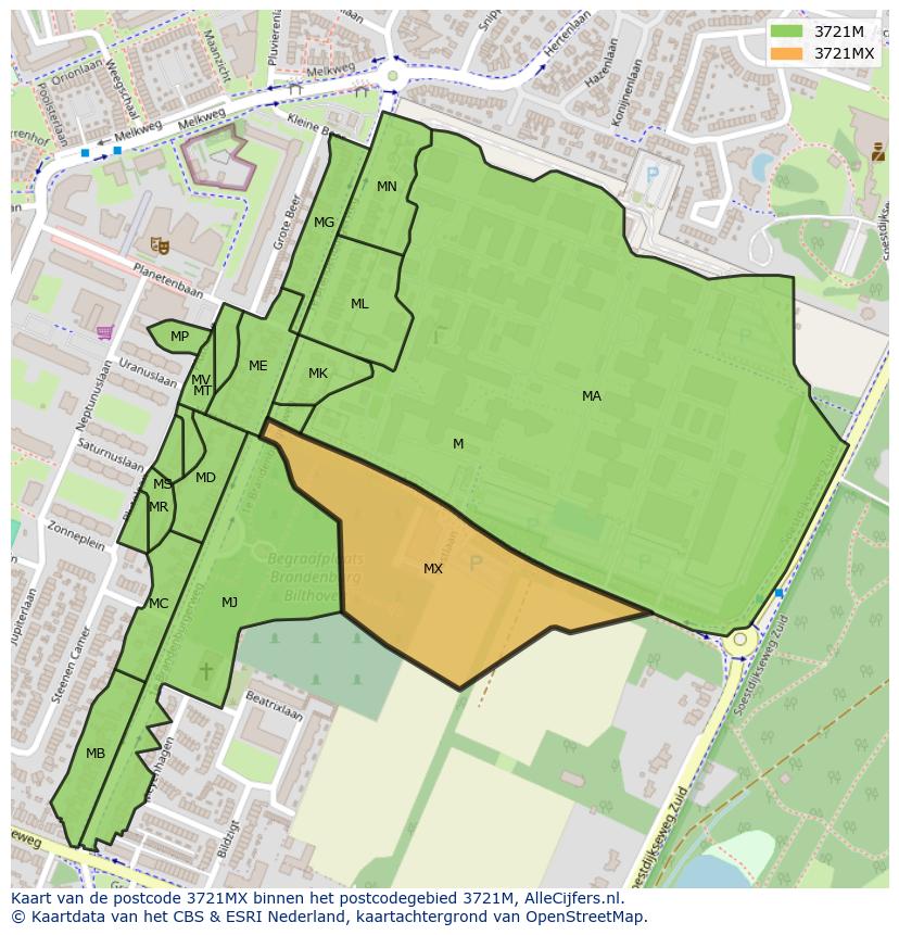 Afbeelding van het postcodegebied 3721 MX op de kaart.