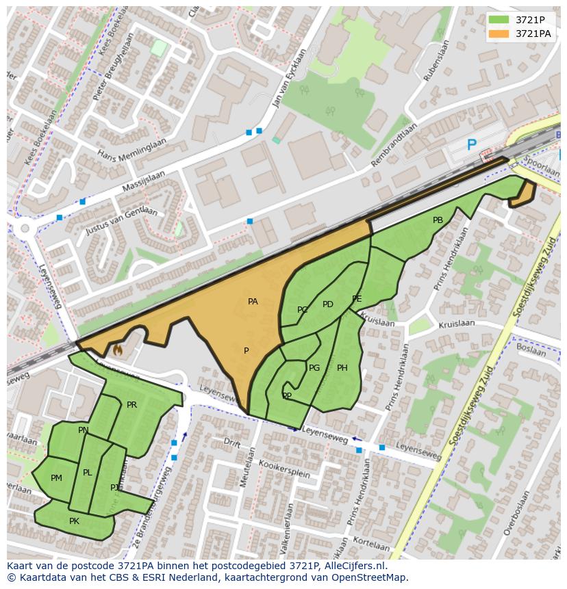 Afbeelding van het postcodegebied 3721 PA op de kaart.