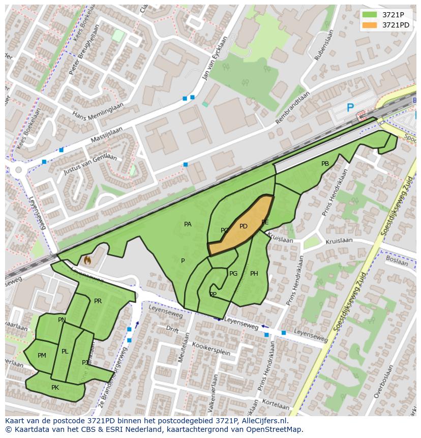 Afbeelding van het postcodegebied 3721 PD op de kaart.