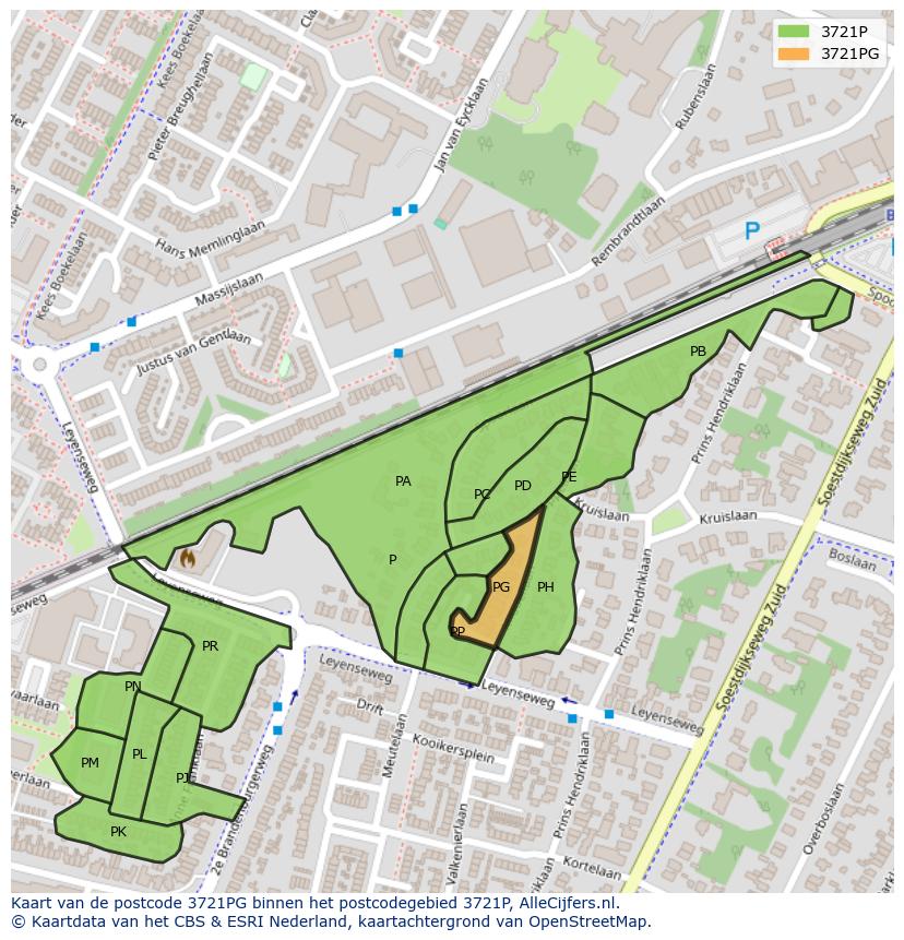 Afbeelding van het postcodegebied 3721 PG op de kaart.