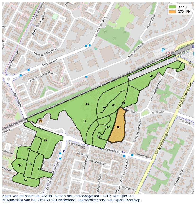 Afbeelding van het postcodegebied 3721 PH op de kaart.