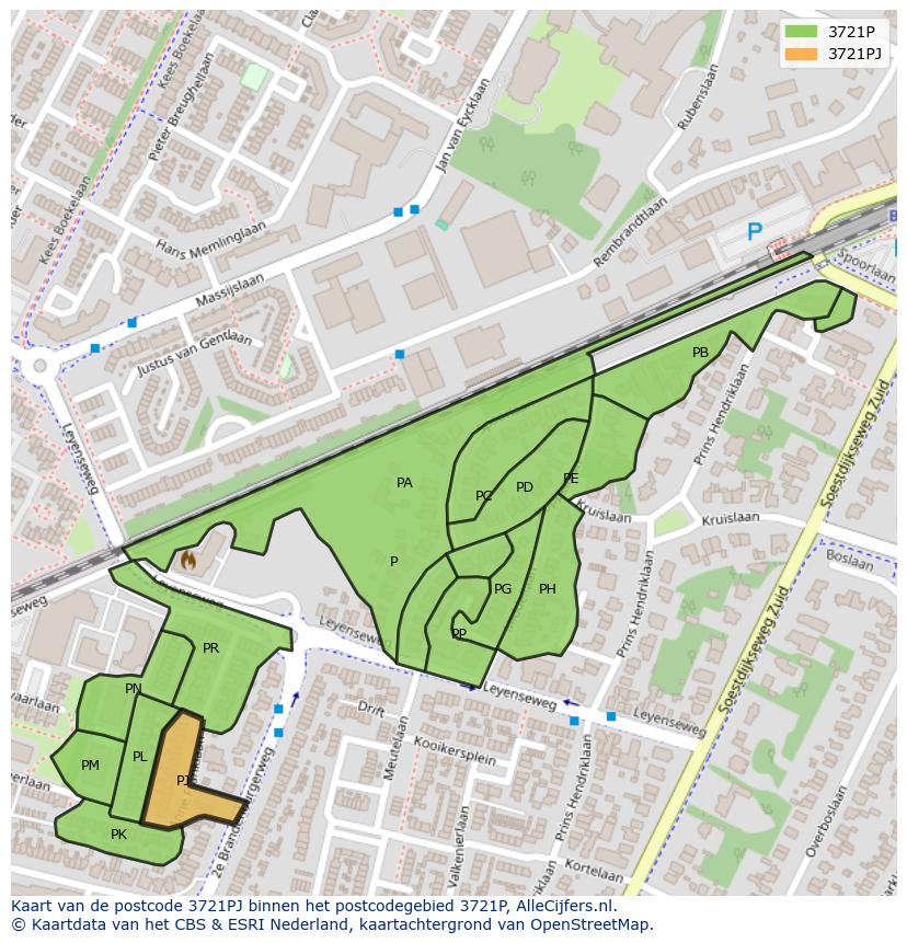 Afbeelding van het postcodegebied 3721 PJ op de kaart.